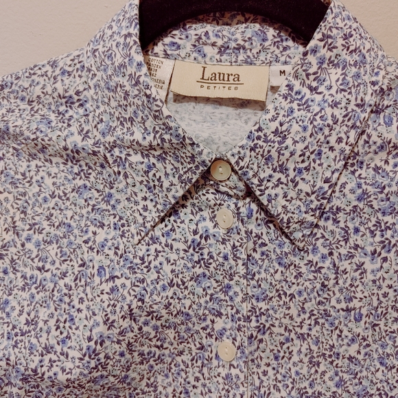 Laura Petite Blue Flower Print Button Down Stretchy 3/4 Sleeve Shirts(Gils M) - Picture 3 of 8